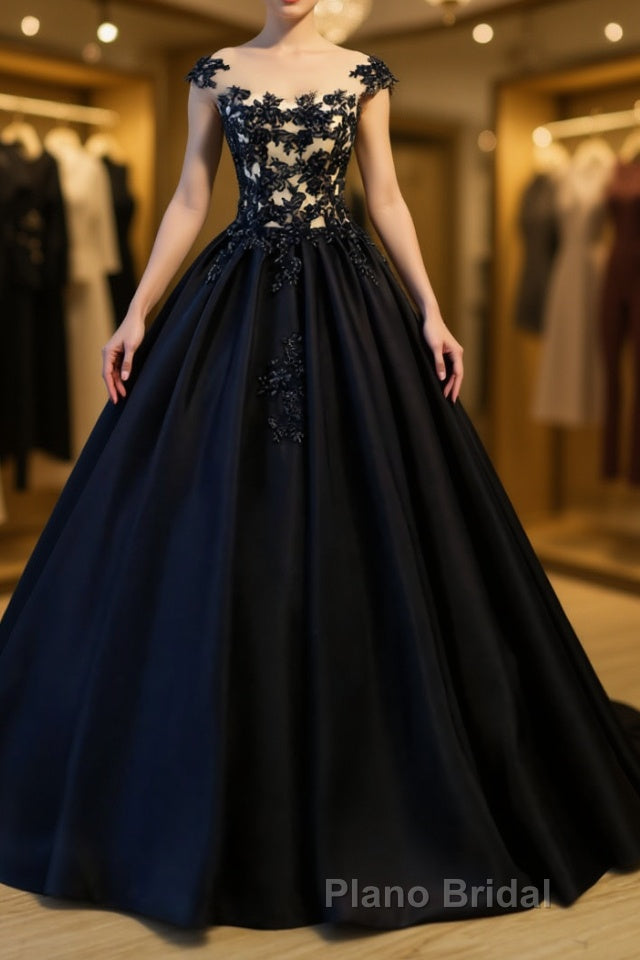 Black round neck satin long Formal Prom gown, black evening dress Main image