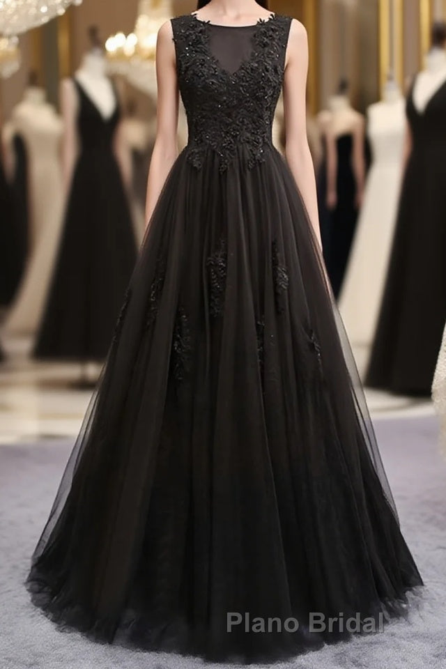 Black round neck tulle lace long Formal Prom dress, black evening dress Main image
