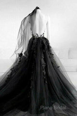 Black Round Neck Tulle Lace Long Formal Prom Dresses Black Tulle Formal Dresses