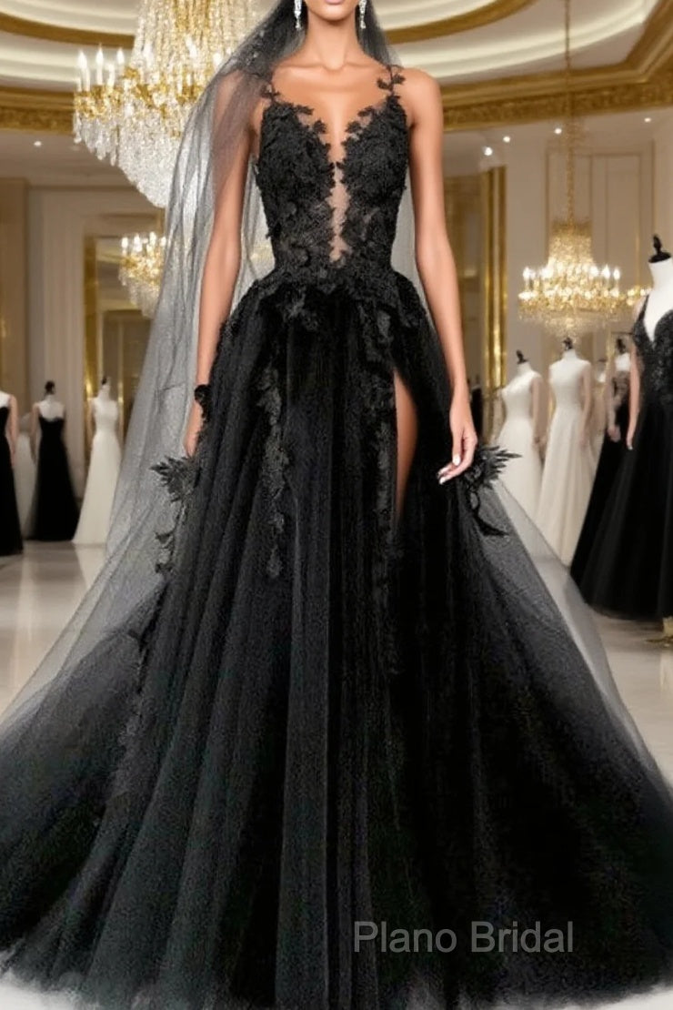 Black Round Neck Tulle Lace Long Formal Prom Dresses Black Tulle Formal Dresses