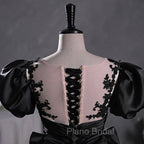 Black Satin A-line Floor Length Long Party Dresses with Lace, Black Long Formal Dresses