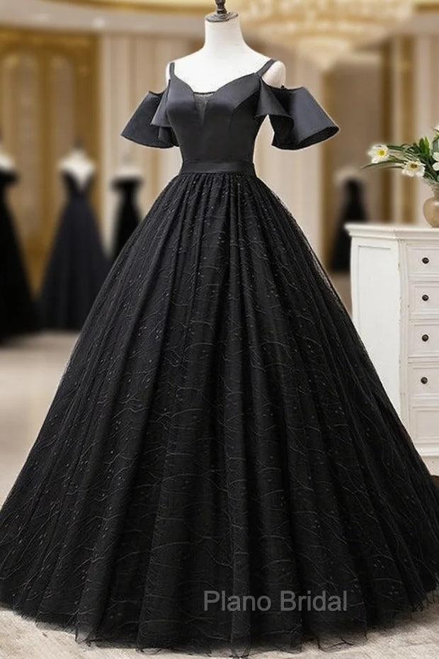 Black Satin and Tulle Ball Gown Off Shoulder Evening Dresses Party Gown, Black Long Formal Dresses