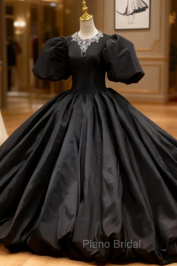 Black Satin Ball Gown Puff Sleeve Formal Prom Dresses