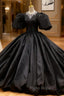 Black Satin Ball Gown Puff Sleeve Formal Prom Dresses