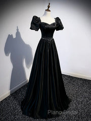 Black Satin Beaded Floor Length Formal Prom Dresses, Black A-Line Short Sleeve Formal Dresses