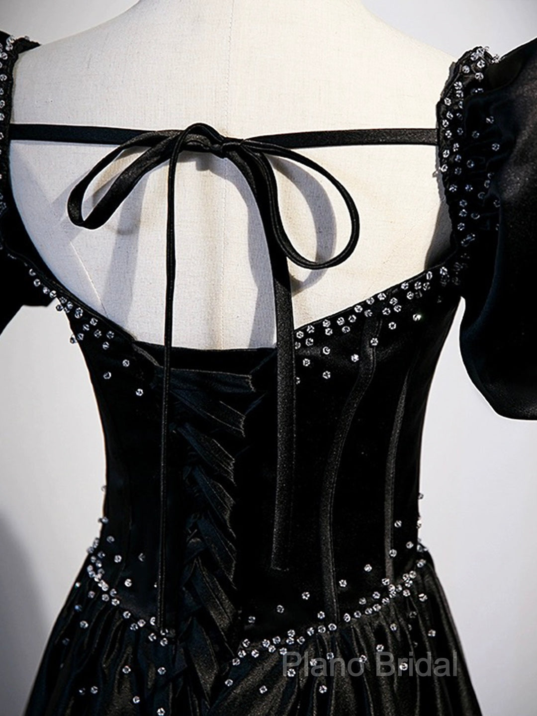 Black Satin Beaded Floor Length Formal Prom Dresses, Black A-Line Short Sleeve Formal Dresses