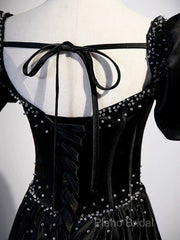 Black Satin Beaded Floor Length Formal Prom Dresses, Black A-Line Short Sleeve Formal Dresses