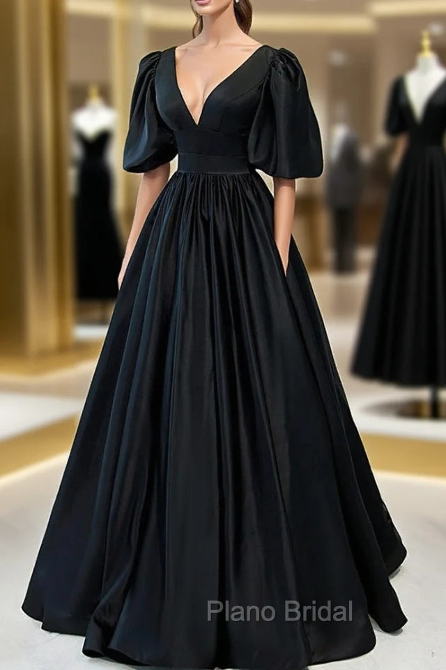 Black Satin Deep V-neckline Long Formal Dresses, Black Evening Dresses Formal Prom Dresses Secondary image