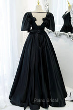 Black Satin Deep V-neckline Long Formal Dresses, Black Evening Dresses Formal Prom Dresses