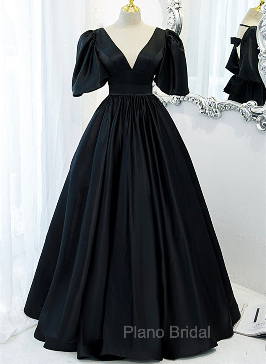 Black Satin Deep V-neckline Long Formal Dresses, Black Evening Dresses Formal Prom Dresses