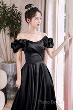 Black Satin Floor Length A-Line Formal Prom Dresses, Off The Shoulder Formal Party Dresses