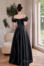 Black Satin Floor Length A-Line Formal Prom Dresses, Off The Shoulder Formal Party Dresses