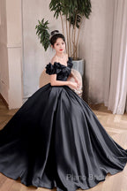 Black Satin Floor Length A-Line Formal Prom Dresses, Off The Shoulder Formal Party Dresses