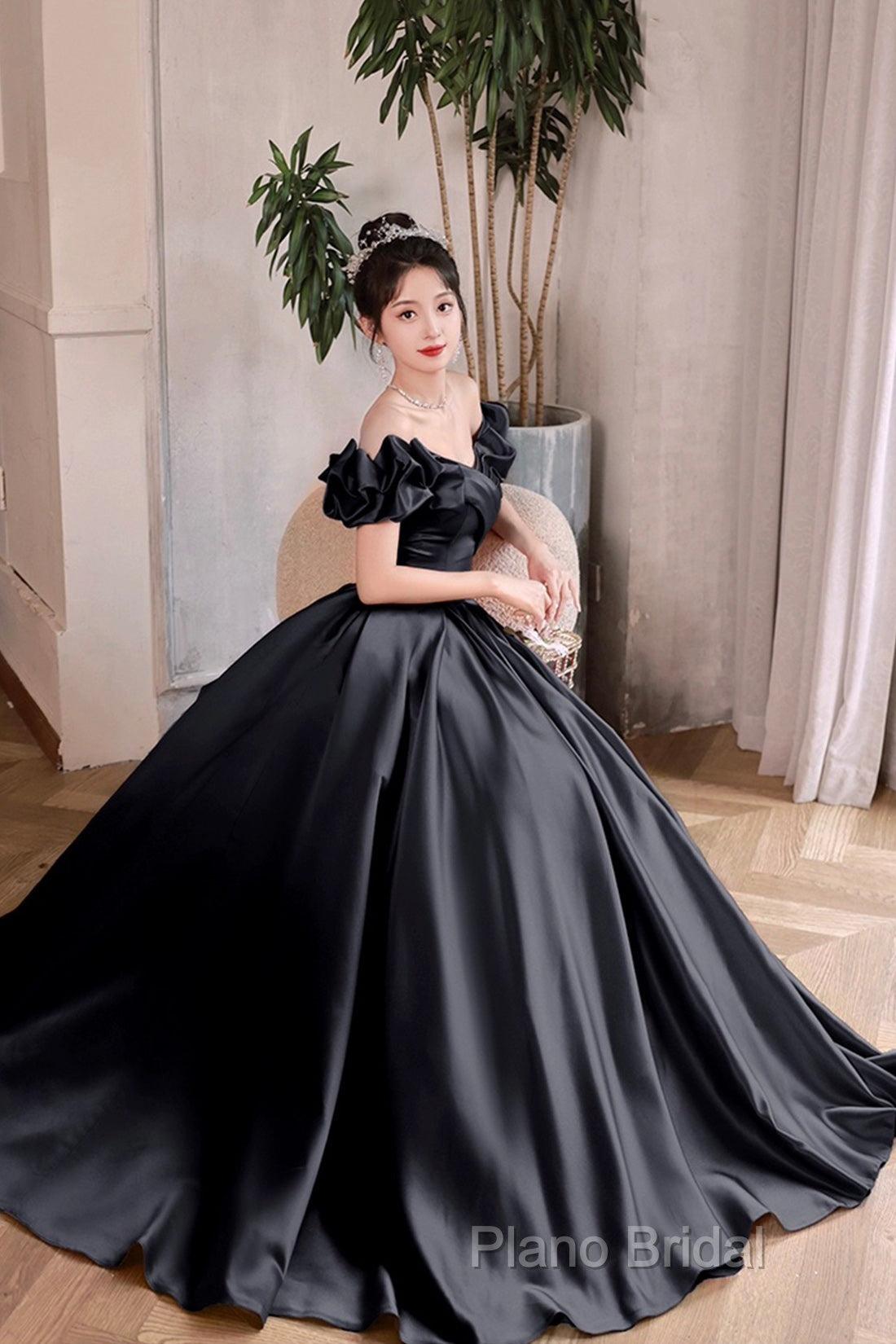Black Satin Floor Length A-Line Formal Prom Dresses, Off The Shoulder Formal Party Dresses