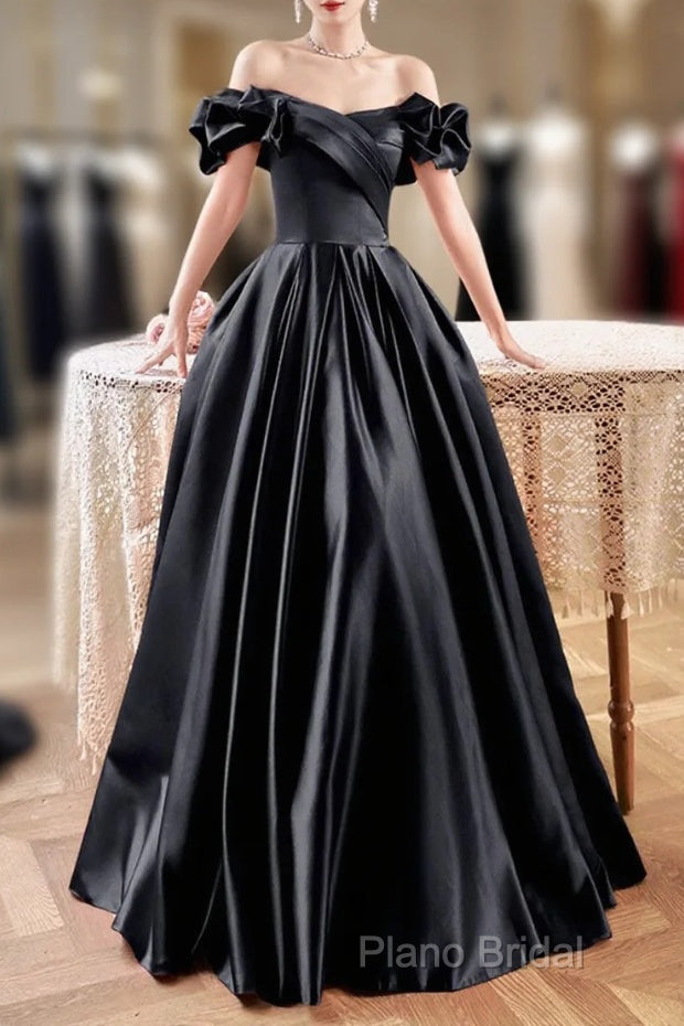 Black Satin Floor Length A-Line Formal Prom Dresses, Off The Shoulder Formal Party Dresses