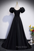 Black Satin Floor Length Formal Prom Dresses, Simple Black Short Sleeve Evening Dresses