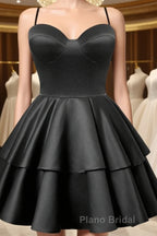 Black Satin Homecoming Dress Sweetheart Neck Tiered Short Graduation Dresses