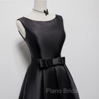 Black Satin Knee Length Round Neckline Party Dresses, Black Short Formal Prom Dresses