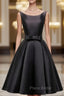 Black Satin Knee Length Round Neckline Party Dresses, Black Short Formal Prom Dresses