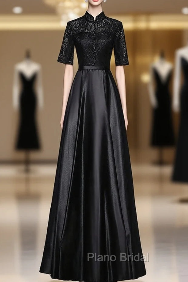 Black Satin Lace Short Sleeve Formal Prom Dresses Main image