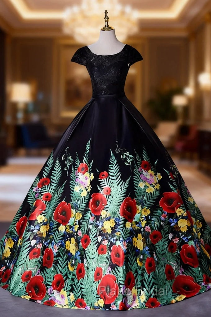 Black Satin Lace Top Print Cap Sleeve Quinceanera Dresses Main image