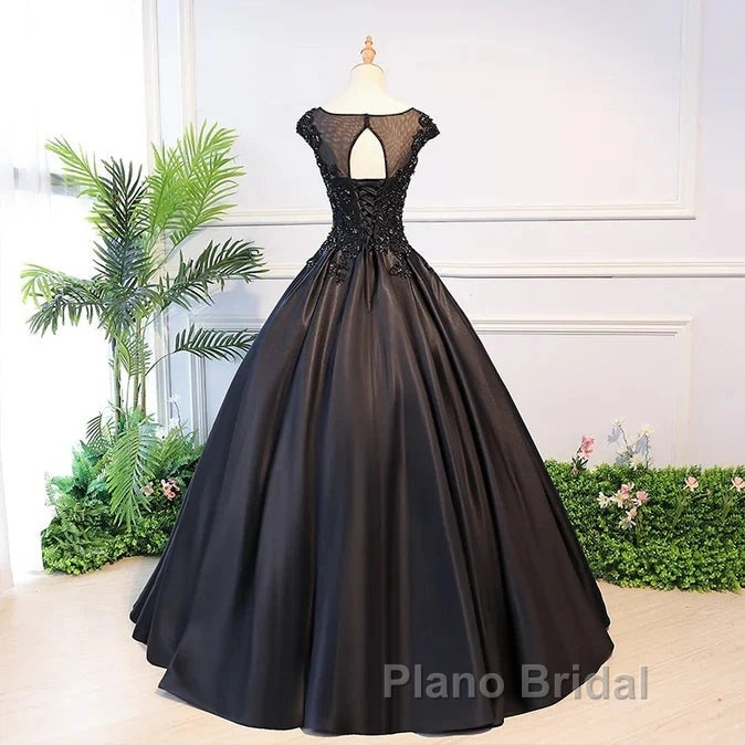 Black Satin Long Party Dresses Evening Gown A Line Floor Length Formal Prom Dresses Elegant