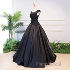 Black Satin Long Party Dresses Evening Gown A Line Floor Length Formal Prom Dresses Elegant