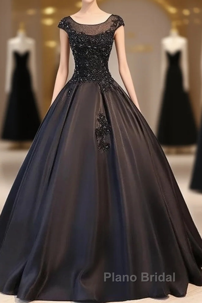 Black Satin Long Party Dresses Evening Gown A Line Floor Length Formal Prom Dresses Elegant
