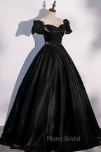 Black Satin Long Formal Prom Dresses, Black A-Line Short Sleeve Evening Dresses
