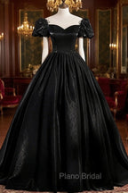 Black Satin Long Formal Prom Dresses, Black A-Line Short Sleeve Evening Dresses