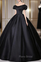 Black Satin Long Formal Prom Dresses, Black Long Formal Sweet 16 Dresses