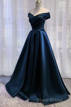Black Satin Off Shoulder Long Simple Evening Dresses Prom Dresses,Stunning Party Gown