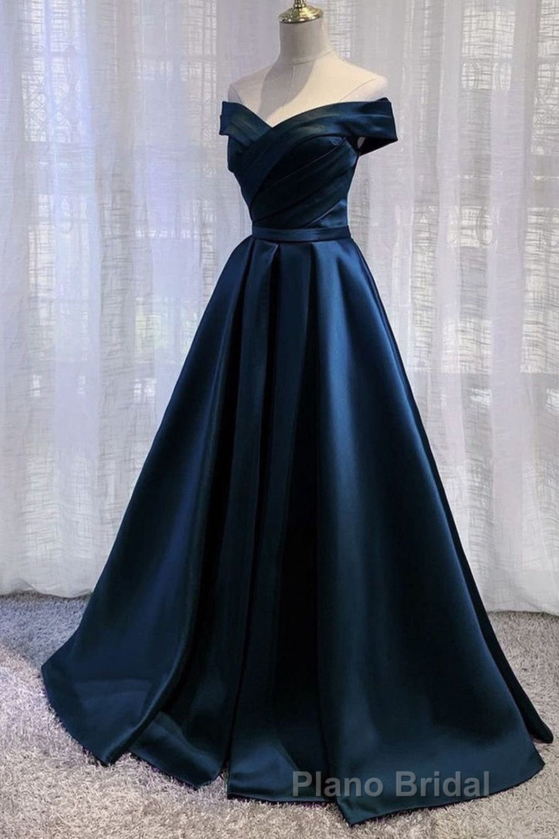 Black Satin Off Shoulder Long Simple Evening Dresses Prom Dresses,Stunning Party Gown