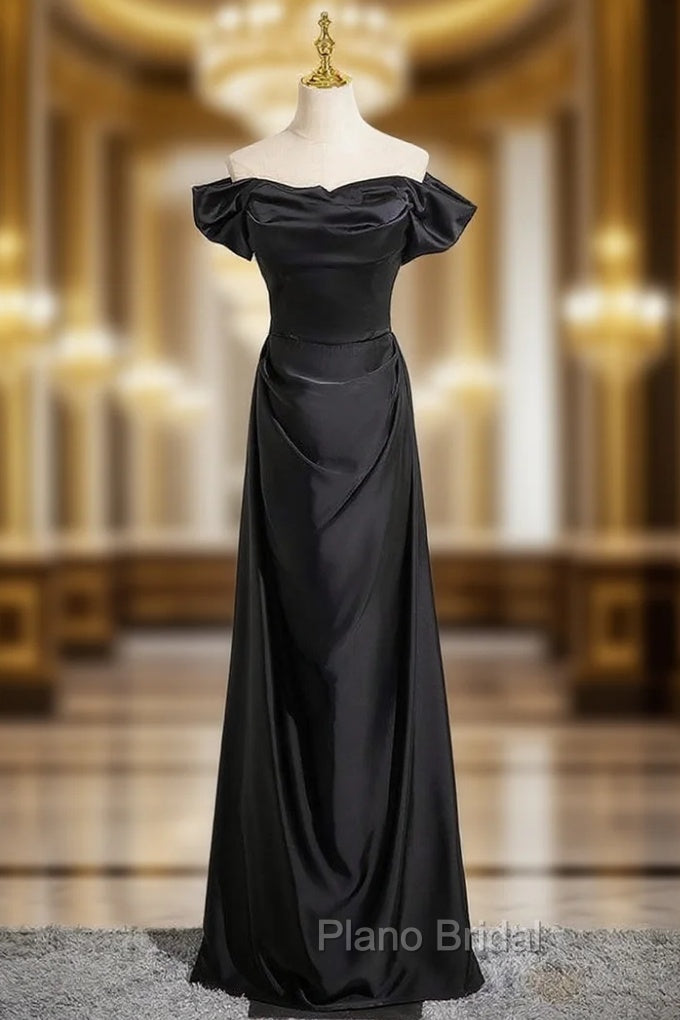 Black Satin Off the Shoulder Pleats Formal Prom Dresses