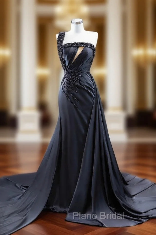 Black Satin One Shoulder Pleats Beading Formal Prom Dresses