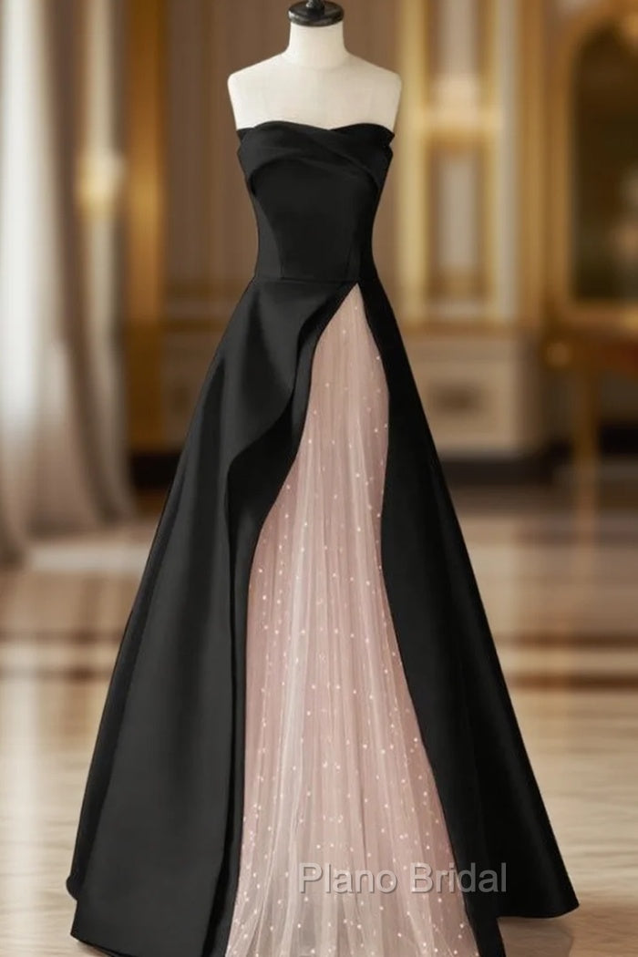 Black Satin Pink Tulle Strapless Formal Prom Dresses Main image