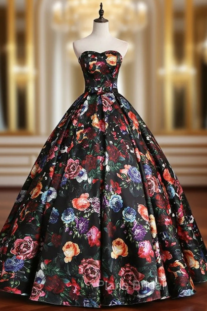 Black Satin Print Sweetheart Quinceanera Dresses With Bow Main image