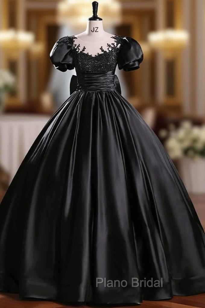 Black Satin Puff Sleeve Beading Quinceanera Dresses