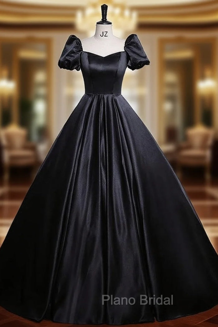Black Satin Puff Sleeve Square Neck Formal Prom Dresses Main image