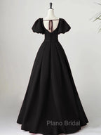 Black Satin Puffy Sleeves Long Evening Party Dresses, Black Long Formal Prom Dresses