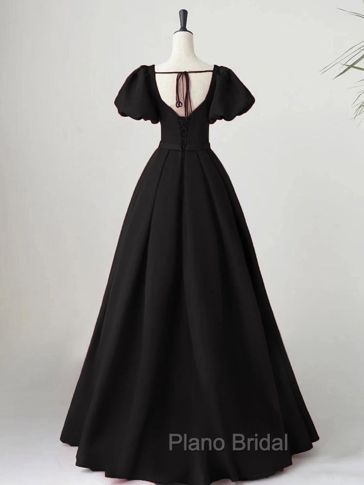 Black Satin Puffy Sleeves Long Evening Party Dresses, Black Long Formal Prom Dresses