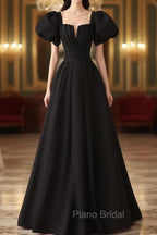 Black Satin Puffy Sleeves Long Evening Party Dresses, Black Long Formal Prom Dresses