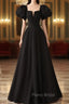 Black Satin Puffy Sleeves Long Evening Party Dresses, Black Long Formal Prom Dresses