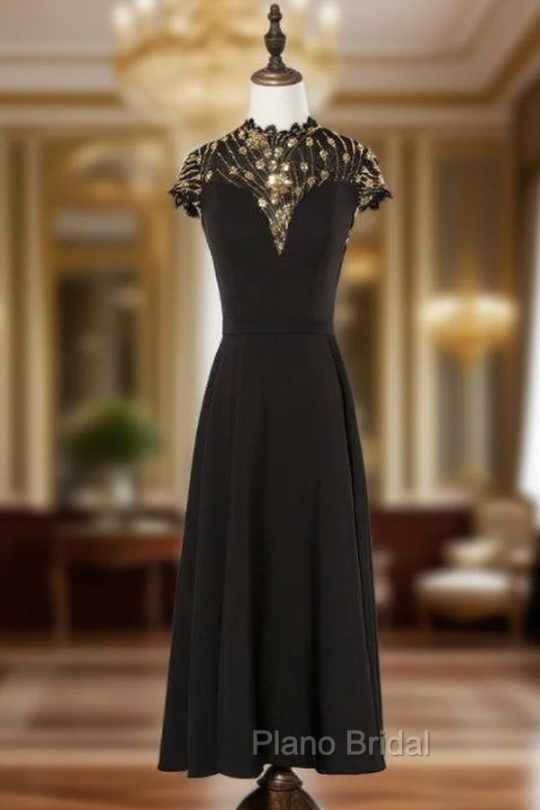 Black Satin Sequins Cap Sleeve High Neck Formal Prom Dresses