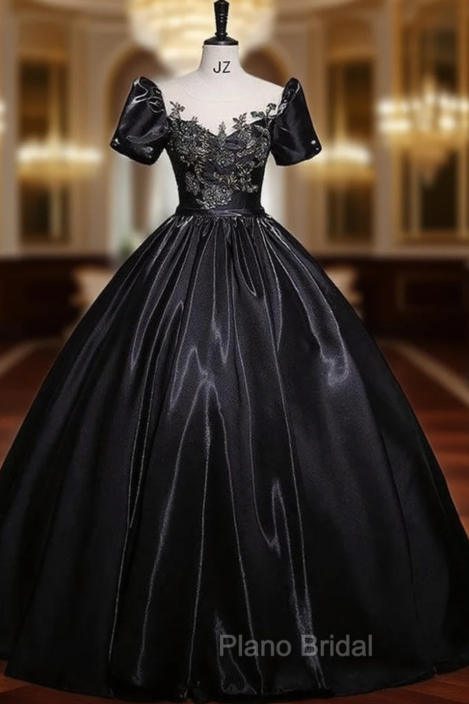 Black Satin Short Sleeve Appliques Quinceanera Dresses Main image