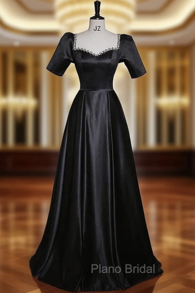 Black Satin Short Sleeve Beading Formal Prom Dresses Main image