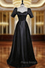 Black Satin Short Sleeve Beading Formal Prom Dresses