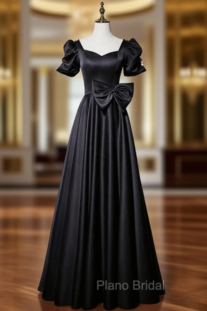 Black Satin Short Sleeve Bow Formal Prom Dresses Main image
