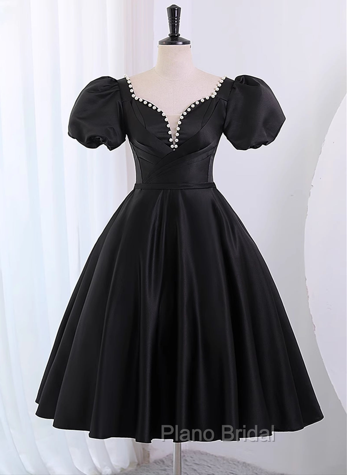 Black Satin Short Sleeves Knee Length Party Dresses, Black Homecoming Dresses Main image