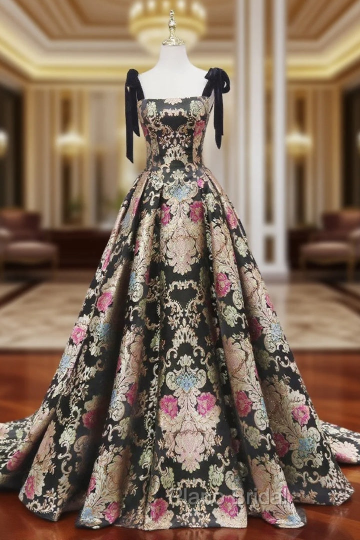 Black Satin Straps A-line Floral Long Formal Dresses, Black Evening Dresses Main image